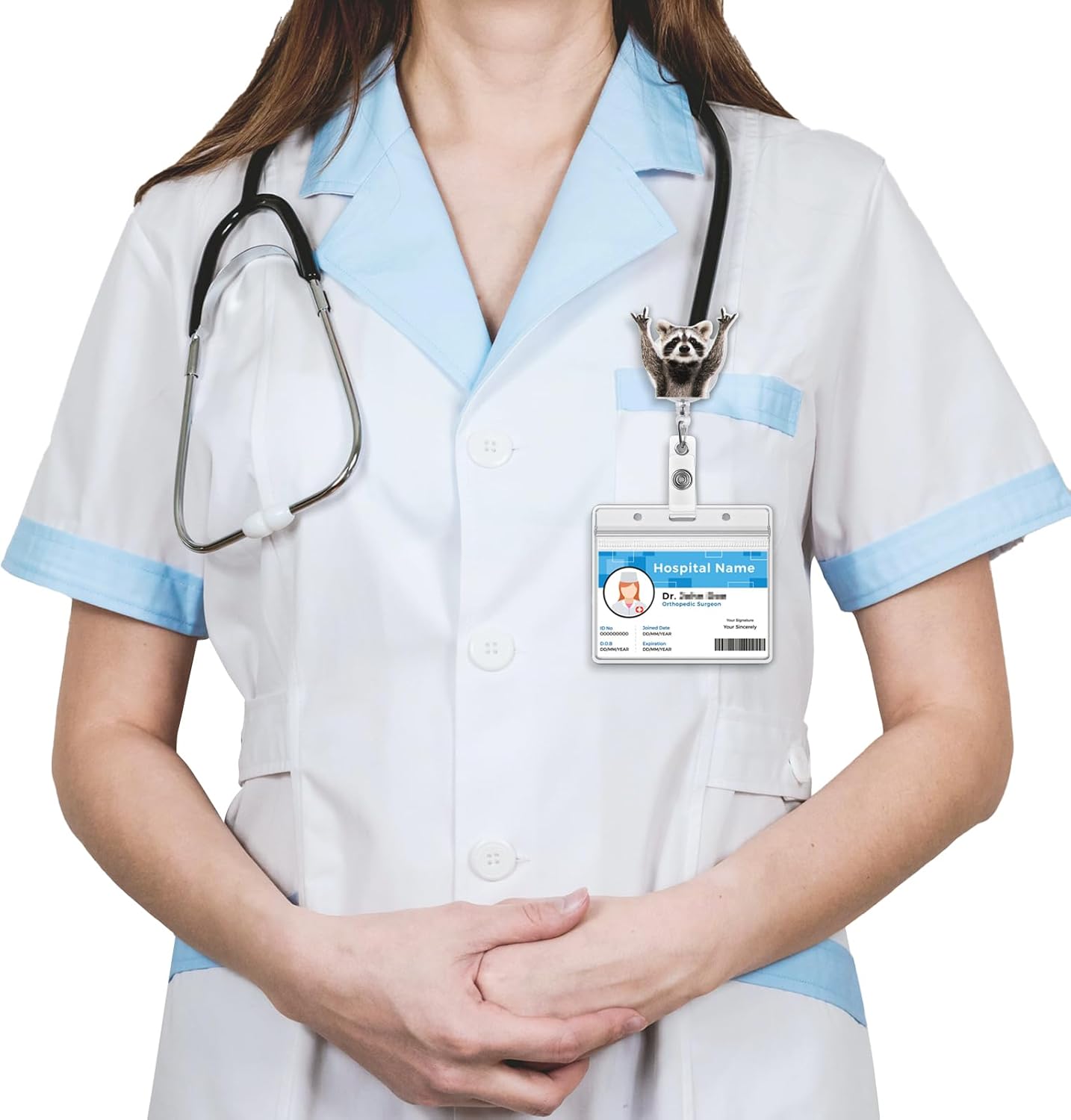 Cute Badge Reel, Funny Raccoon Badge Holder, Nurse Name Badge Reel with Retractable Clip, Medical Worker ID Card Holders, Pediatric Nursing Accessories for Nurse Doctor Student Teacher Office