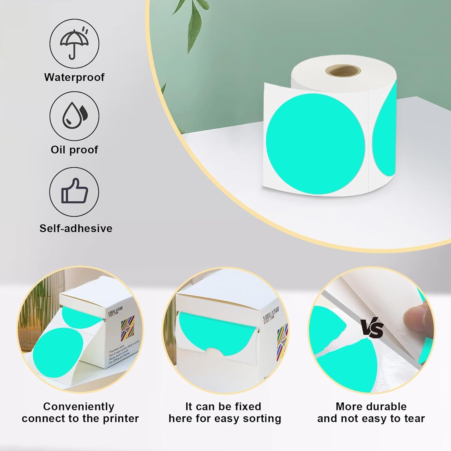 3 X 3 Inch Color Coding Dot Labels Circle Thermal Printable Waterproof 500 Pcs Round Stickers Adhesive Writable for Office, Home, Garage, DIY Sticker, Barcodes, Name Tag, Watercolor Green