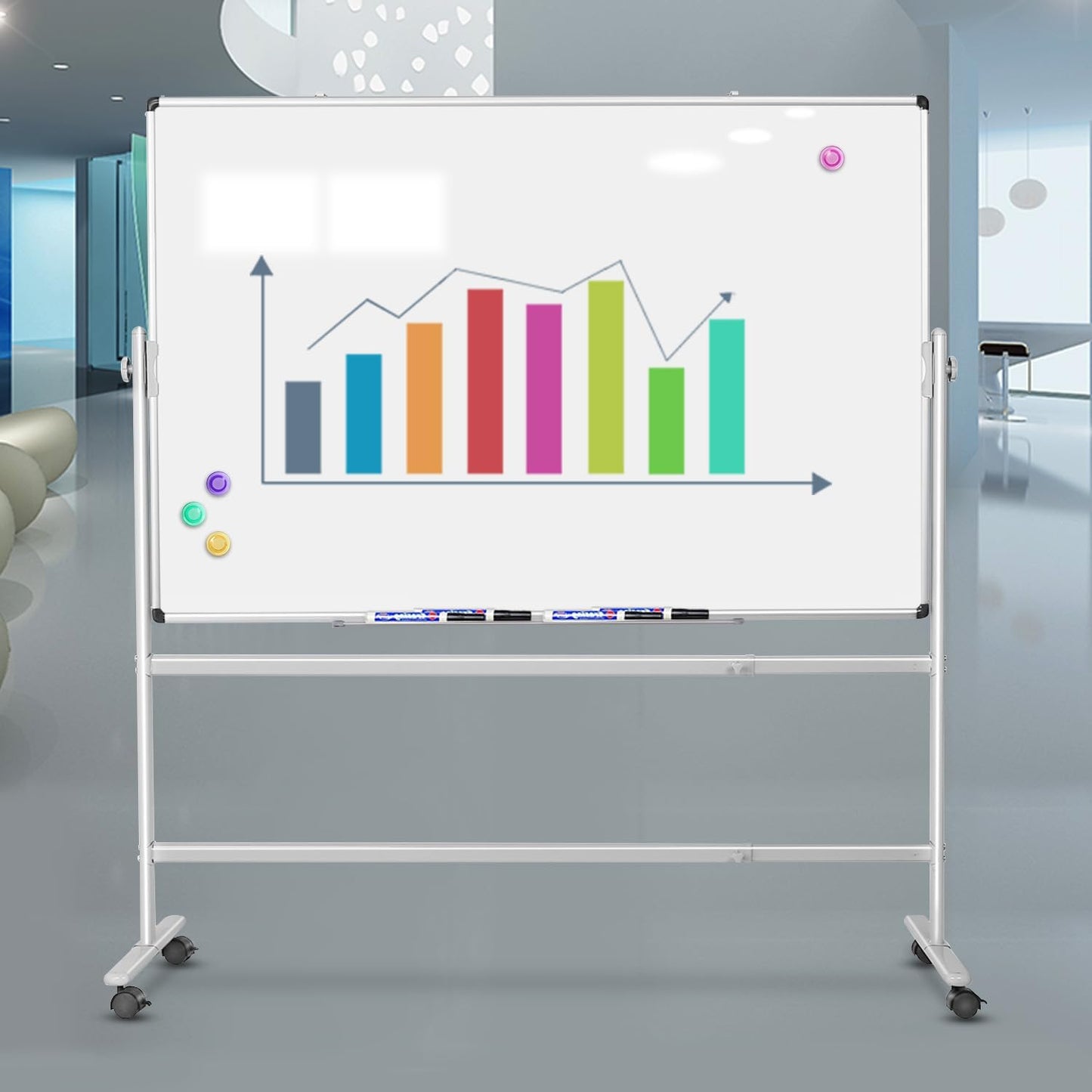 Large Rolling White Board 48x36 in, Dry Erase Board with Stand, Double-Sided Magnetic Mobile Whiteboard, Height-Adjustable for Office Classroom and Home