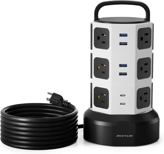 Power Strip Tower Surge Protector, JACKYLED 1625W 13A Outlet Surge Electric Tower, 12 Outlets 6 USB Ports Charging Station with 16AWG 15ft Heavy Duty Extension Cord for Home Office Dorm