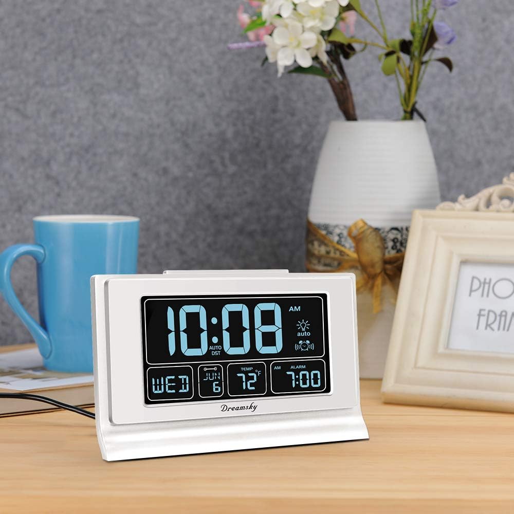 DreamSky Alarm Clocks for Bedrooms with Battery Backup, Auto Set Digital Clock with Date and Day of Week, 5 Inch Large Display with Weekday Temperature, USB Ports, Auto DST, Brightness Dimmer, 12/24H