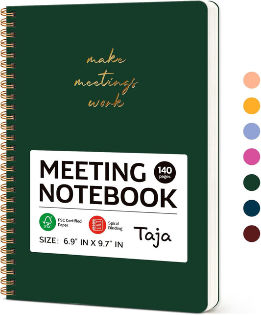 Taja Meeting Notebook for Work Organization - Work notebook with action items, Meeting Minutes Planner Notebook, Perfect Office Supplies for Men & Women - Dark Green