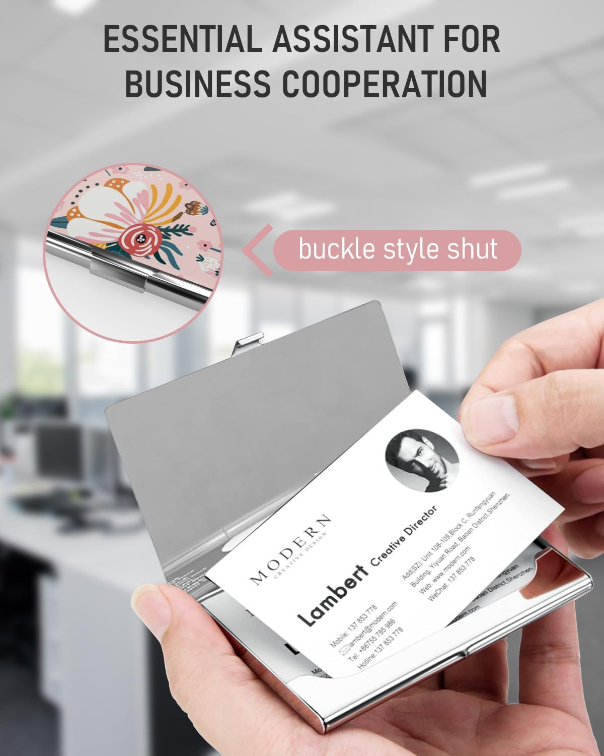 Business Card Metal Slim Organizer, Professional Stainless Steel Square Pocket Wallet for Office Workers, Compact and Portable for Pockets (Pink Flowers)