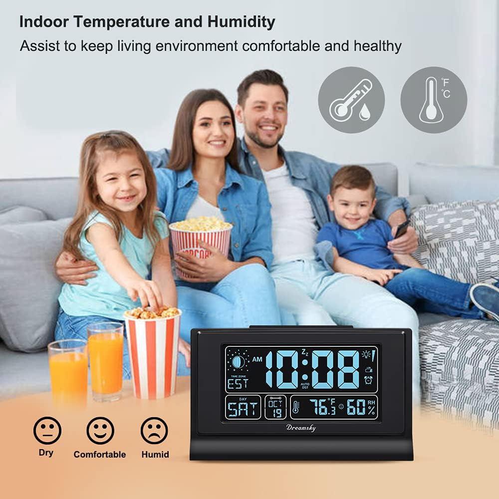 DreamSky Alarm Clocks for Bedrooms with Battery Backup, Auto Set Digital Clock with Date and Day of Week, Indoor Temperature Humidity, Moon Phase, Dimmer, Auto DST, USB Port