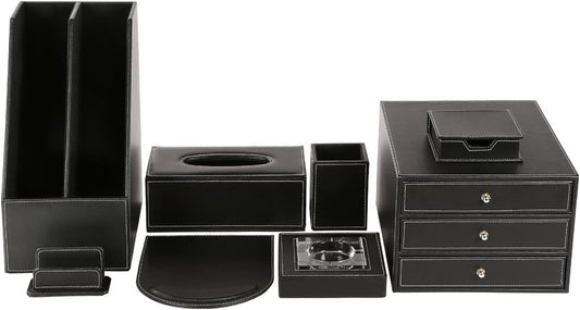KINGFOM 8 PCS/SET Desk Organizers, Pu Leather Office & Home Desktop Decor Supplies Storage Box, Including Files Organizer Drawer, Memo Paper Holder, Tissue Holder and Mouse Pad etc (T03-Black)