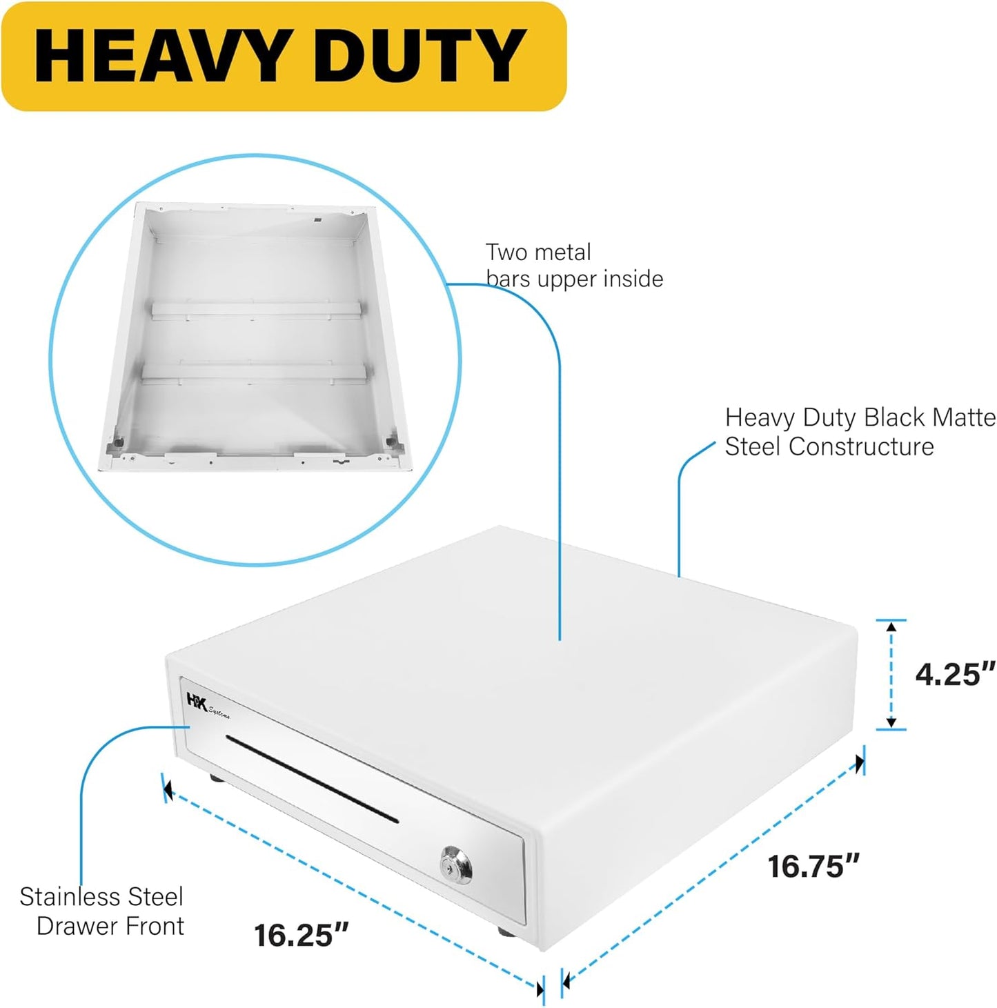 HK SYSTEMS 16inch "Stainless Steel" Front White Heavy Duty POS Interface Cash Drawer with 5Bill/5Coin