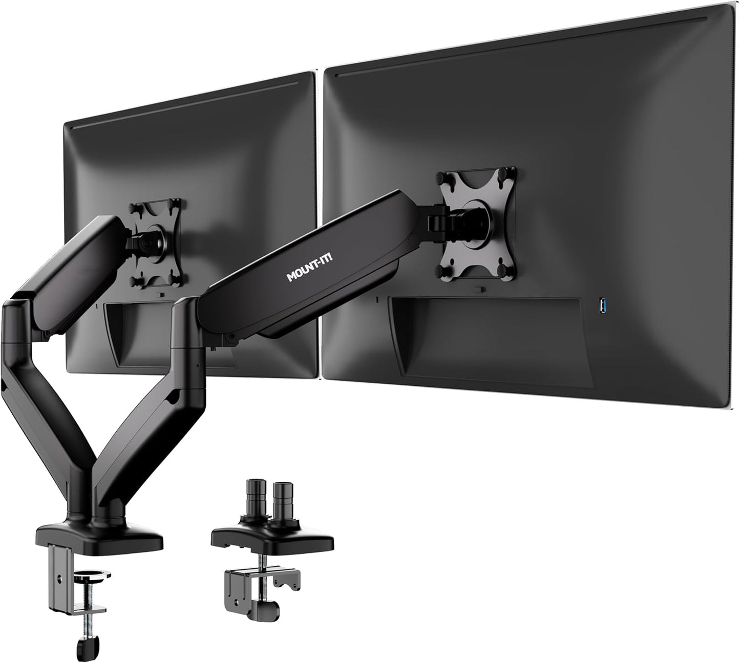 Mount-It! Dual Monitor Desk Mount – Full Motion Gas Spring Arms, Fits 13 to 32 Inch Screens, Holds 17.6 lbs per Arm, Dual Monitor Stand, VESA Mount, C-Clamp & Grommet Base