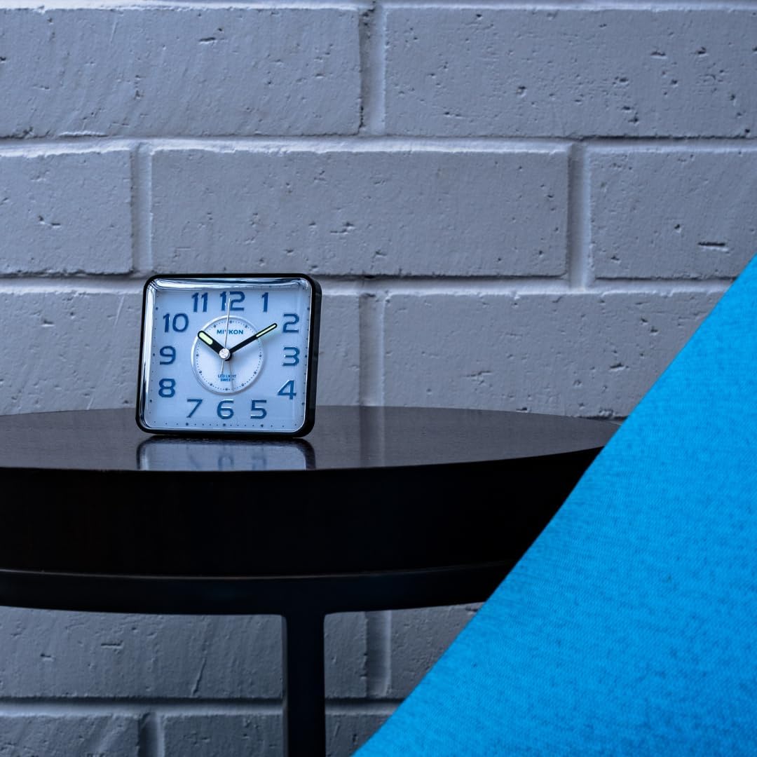 Miykon Small Square Analog Alarm Clock – Silent Non-Ticking, Battery Operated with LED Light & Snooze – Desk, Table, Travel or Bedside Clock for Bedroom, Office, Bathroom – Black 4 Inch