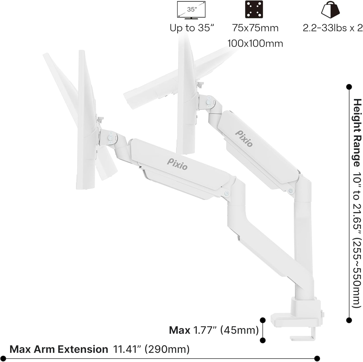 Pixio PS2D White Ultrawide Heavy-Duty Premium Dual Monitor Arm Stand Desk Mount - Fits up to 35 inches Two Monitors, Weights up to 33 lbs Each, Compatible with VESA 75x75mm 100x100mm