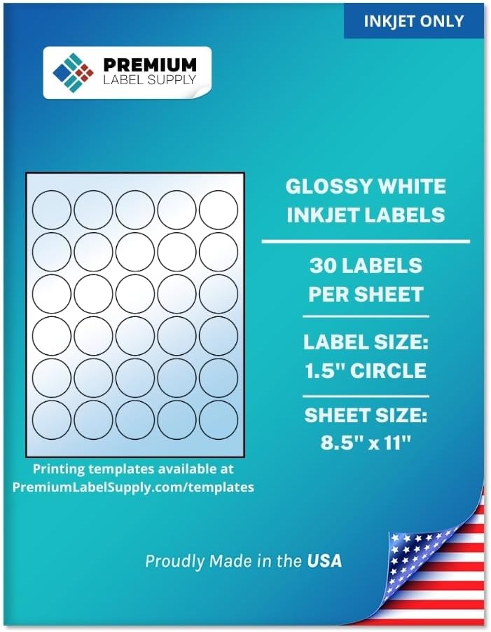 Premium Label Supply Glossy White Sticker Round Labels – 1.5" Circle – (30 per Sheet) (Glossy White for Inkjet Only, 15,000 Labels)