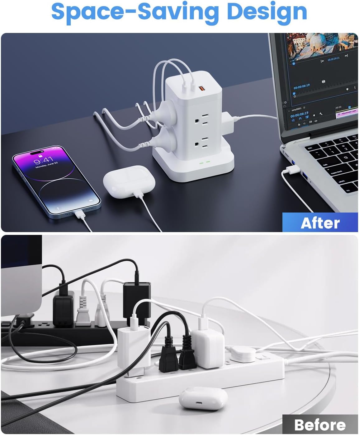 11-in-1 Power Strip Tower with Surge Protector 1800J, Fast Charging Tower PD20W USB-C Ports with 8 AC Outlets, 5ft Extension Cord for Home Office Dorm Room, White