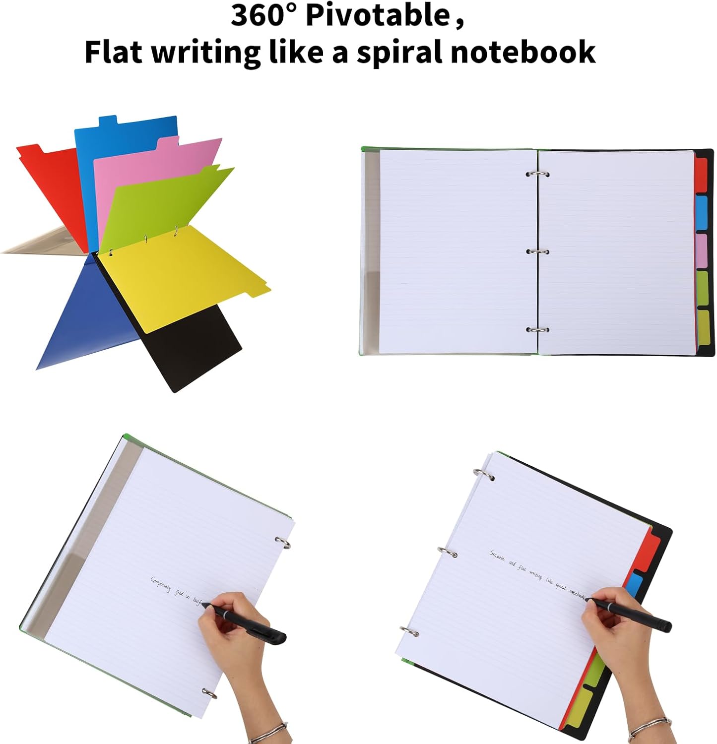 Pivotable Refillable Notebook, Upgraded 1 Inch 3 Ring Notebook Binder, 100 College Ruled Paper, 5 Subject Notebook with Dividers and Folder Pockets, Tabs- Purple