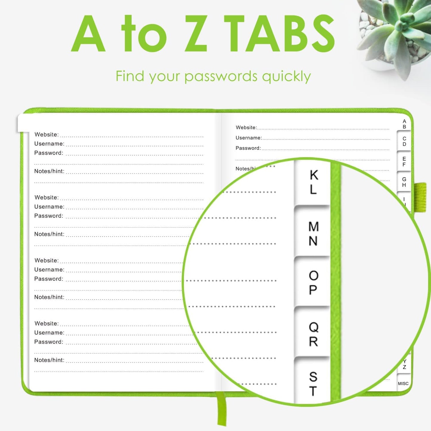 Elegant Password Book with Alphabetical Tabs - Hardcover Password Book for Internet Website Address Login - 7" x 10" Password Keeper and Organizer w/Notes Section & Back Pocket (Green)