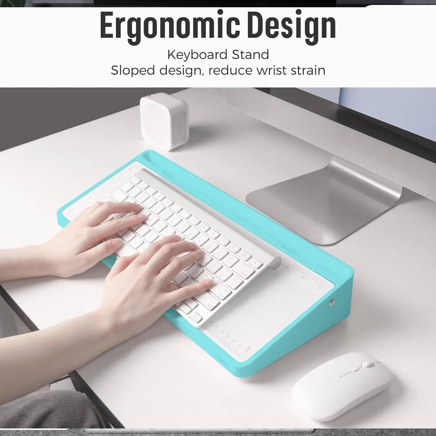 LOUKIN Glass Desktop Whiteboard, 15.3" x 5.6" Dry Erase Desk Board with Dotted and Graduated Surface, Desktop Buddy, Great for Design and Drawing, 3 Markers and 1 Dry Erase Eraser Included (Sky Blue)