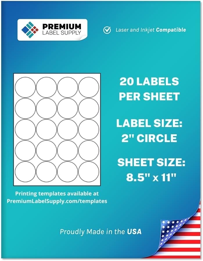 Premium Label Supply White Sticker Round Labels – 2" Circle – Laser/Inkjet Compatible – (20 per Sheet), 2000 Sheets – 40,000 Total Adhesive Labels