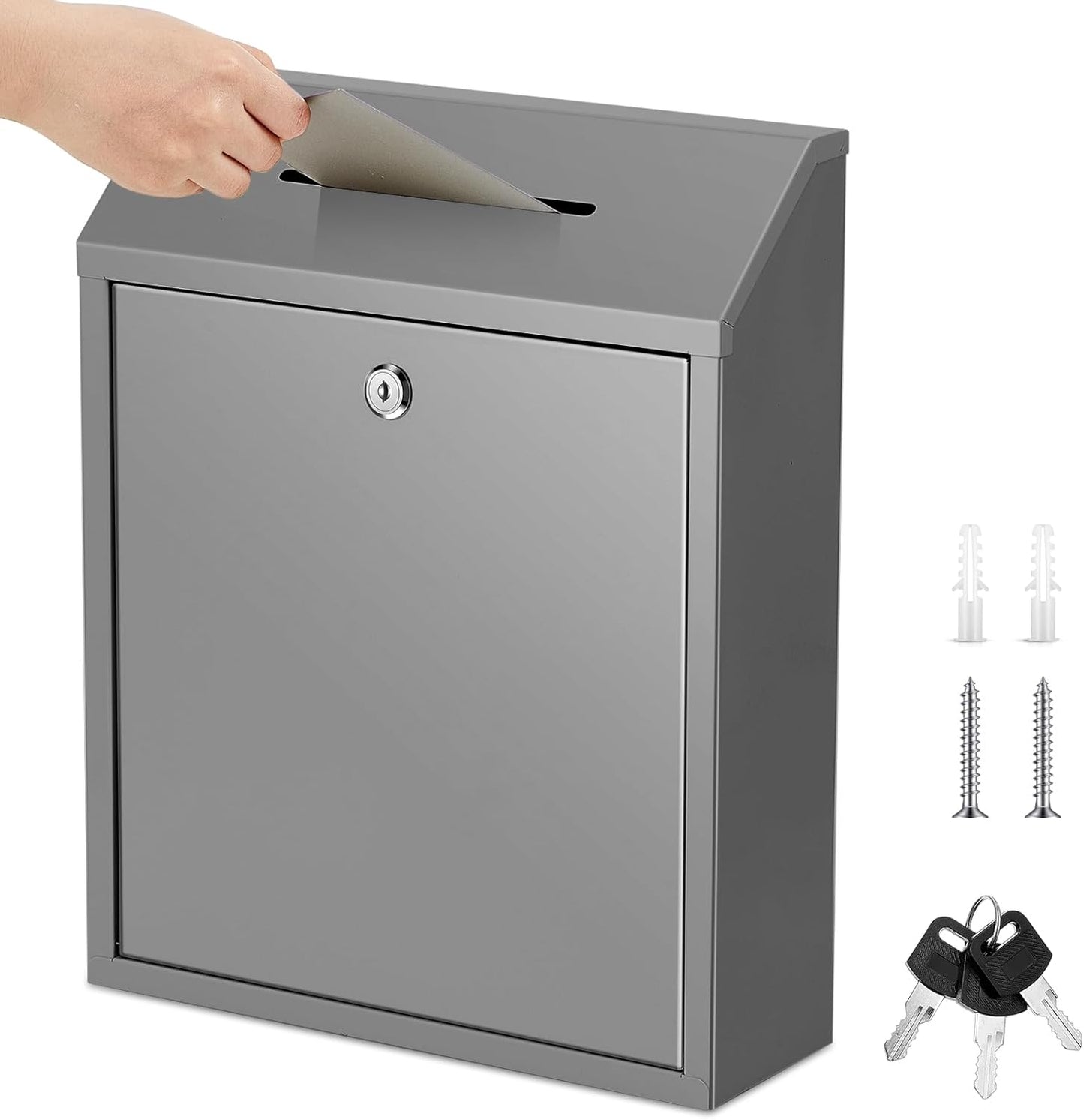 Metal Donation Cash Box Collection Safe Suggestion Box with Lock Wall Mounted Mailbox Delivery Ballot Container for Home Office Outdoor Door(Grey,15 x 12 x 4 Inch)