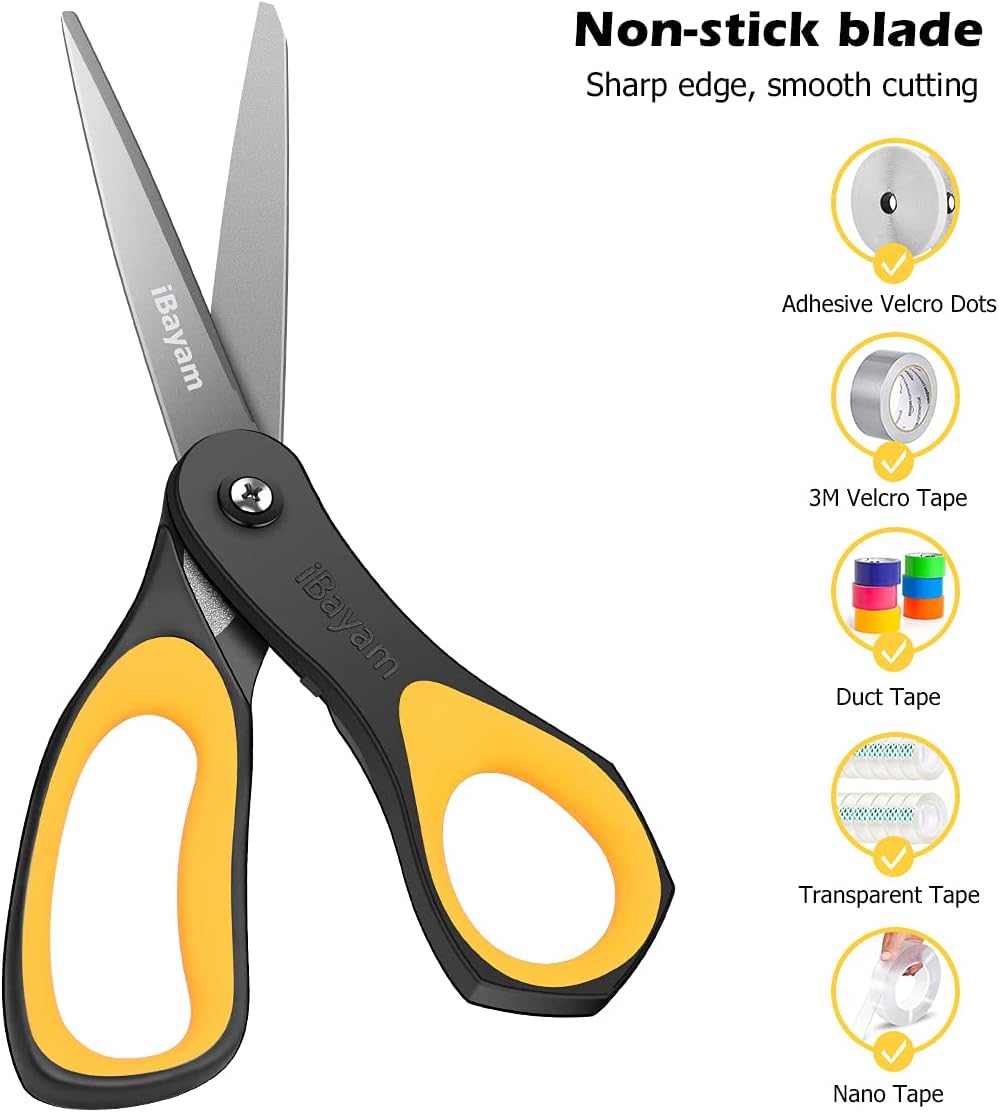 Scissors, iBayam 3 Pack 8" All Purpose Nonstick Scissors, 2.5MM Thickness Titanium Blades with Comfort Grip, Heavy Duty Shears for Office School Home Classroom General Use Art and Craft DIY Supplies