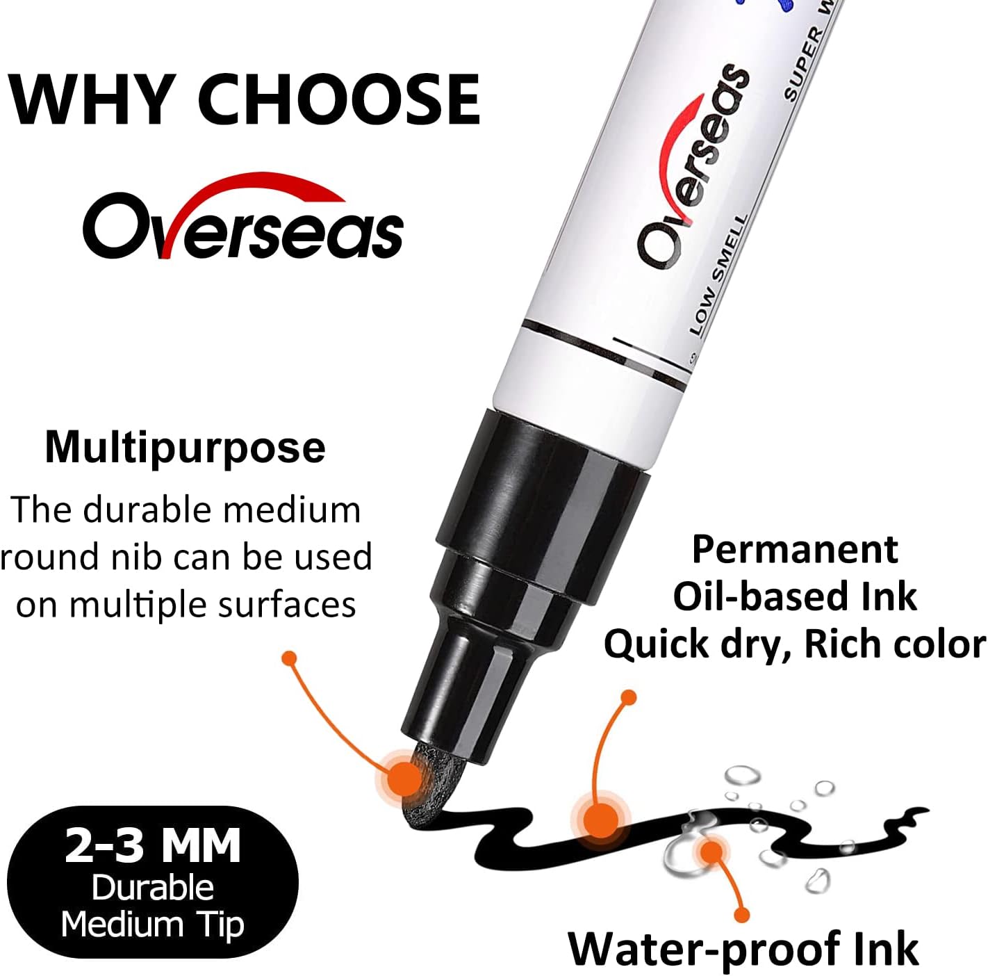 Overseas Permanent Paint Pens Black Markers - 2 Pack Single color Oil Based Paint Markers, Medium Tip, Quick Drying and Waterproof Marker Pen for Metal, Rock Painting, Wood, Plastic, Canvas, Mugs