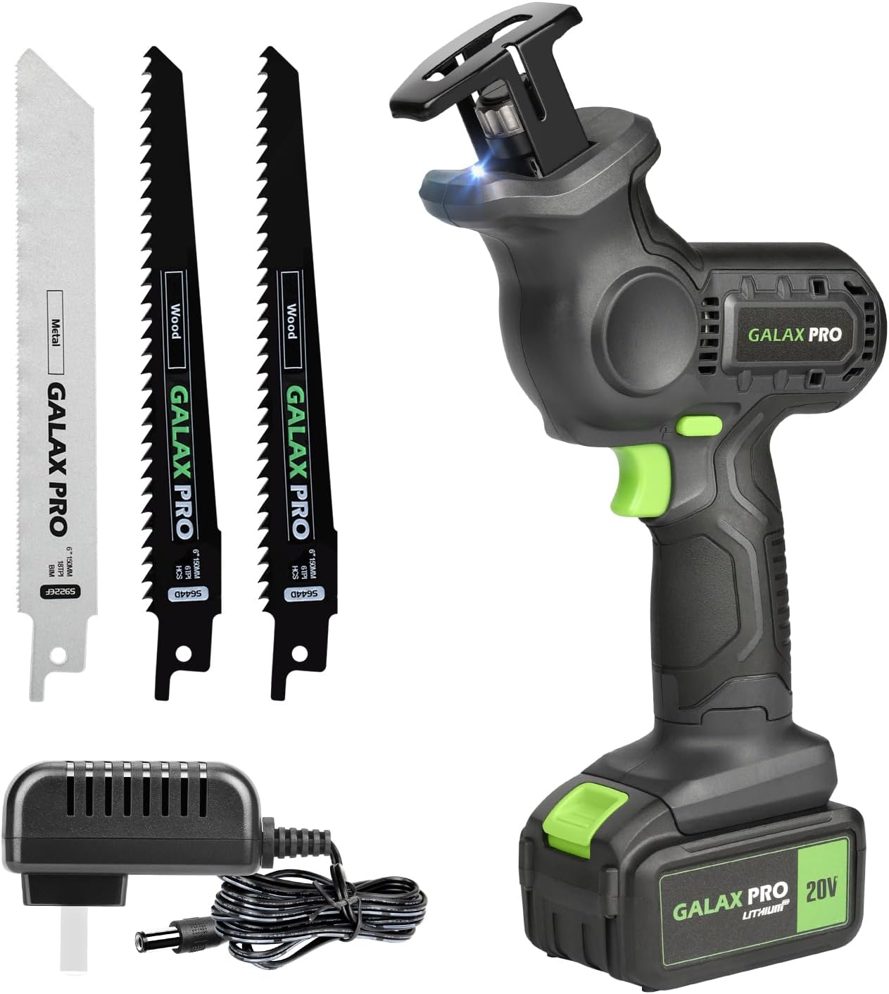 GALAX PRO 20V Cordless Reciprocating Saw, 0-3000RPM Variable Speed Power Reciprocating with 4.0Ah Battery, 2pcs Wood Blades & 1pcs Metal Blade