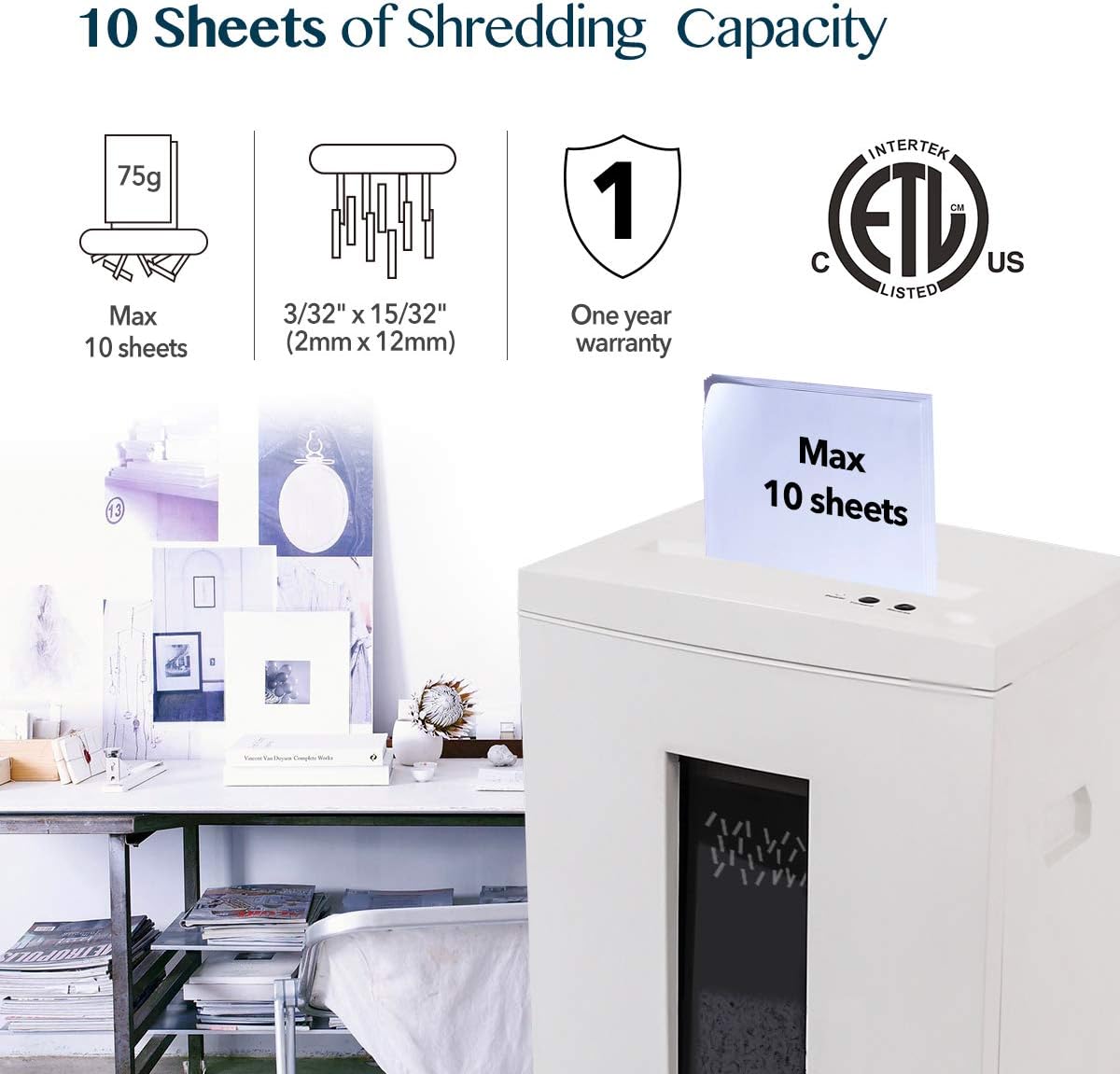 WOLVERINE 10-Sheet Super Micro Cut High Security Level P-5 Heavy Duty Paper/CD/Card Ultra Quiet Shredder for Home Office by 60 Mins Running Time and 6 Gallons Pullout Waste Bin SD9112(White ETL)