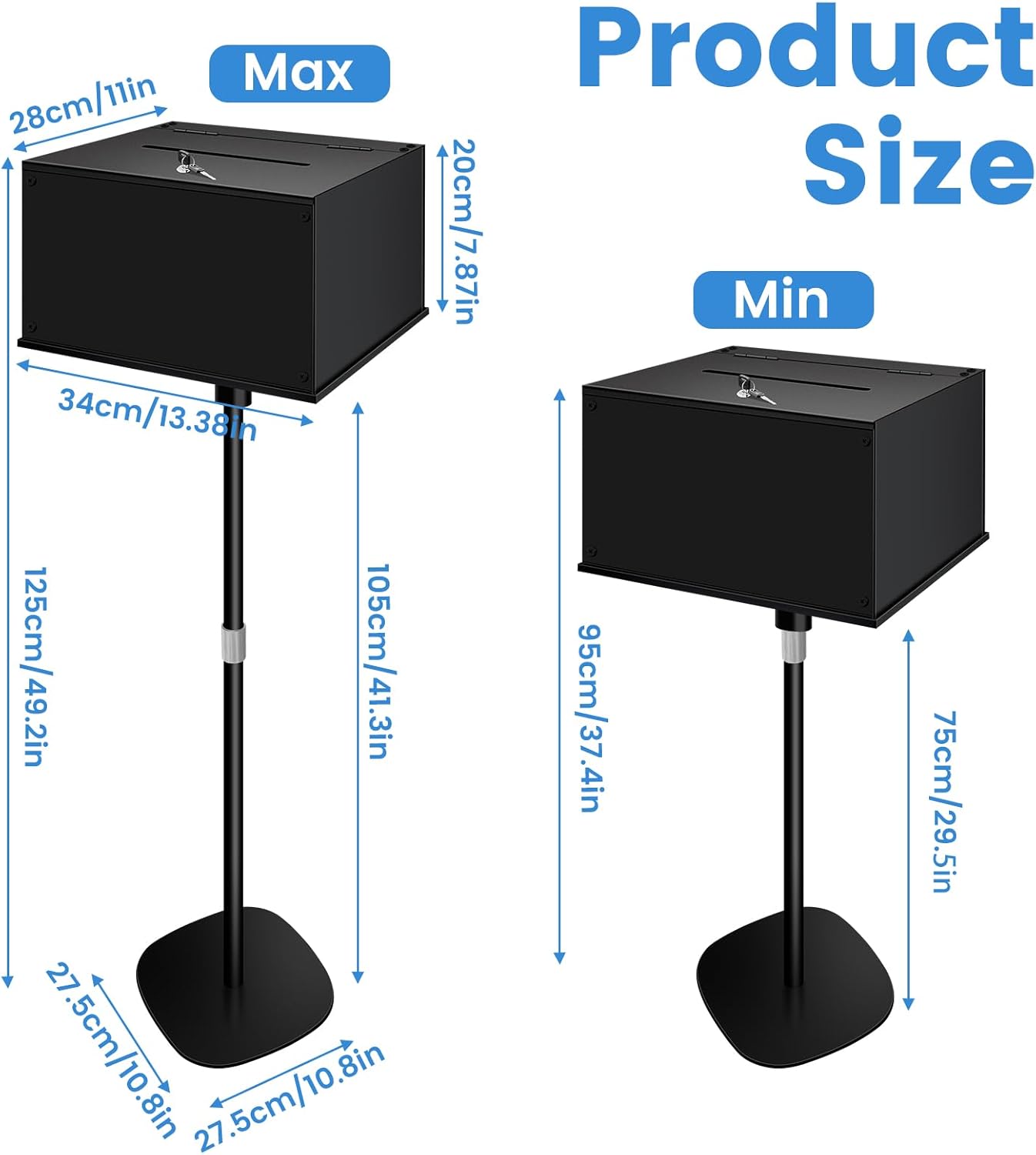 Metal Suggestion Box with Stand Floor Standing Donation Box with Lock and Key Heavy-Duty Collection Case for Charity Home Office Church Elections, Black