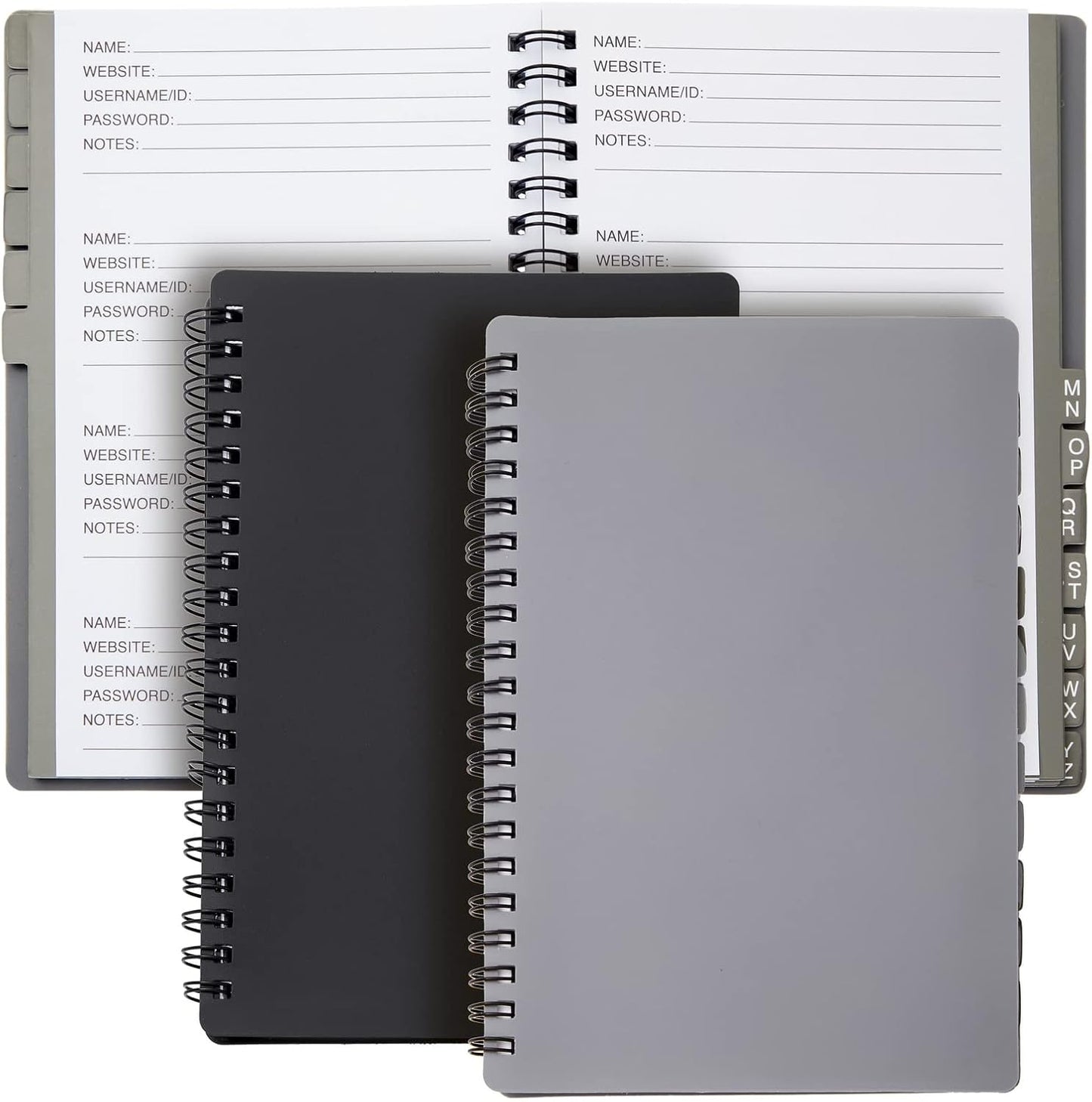 Juvale Password Book with Alphabetical Tabs - 5 x 7 in, 2-Pack, Gray & Black, 80 Lined Pages, Spiral-Bound, Plastic Cover - Password Notebook & Log Book for Username & Login Management