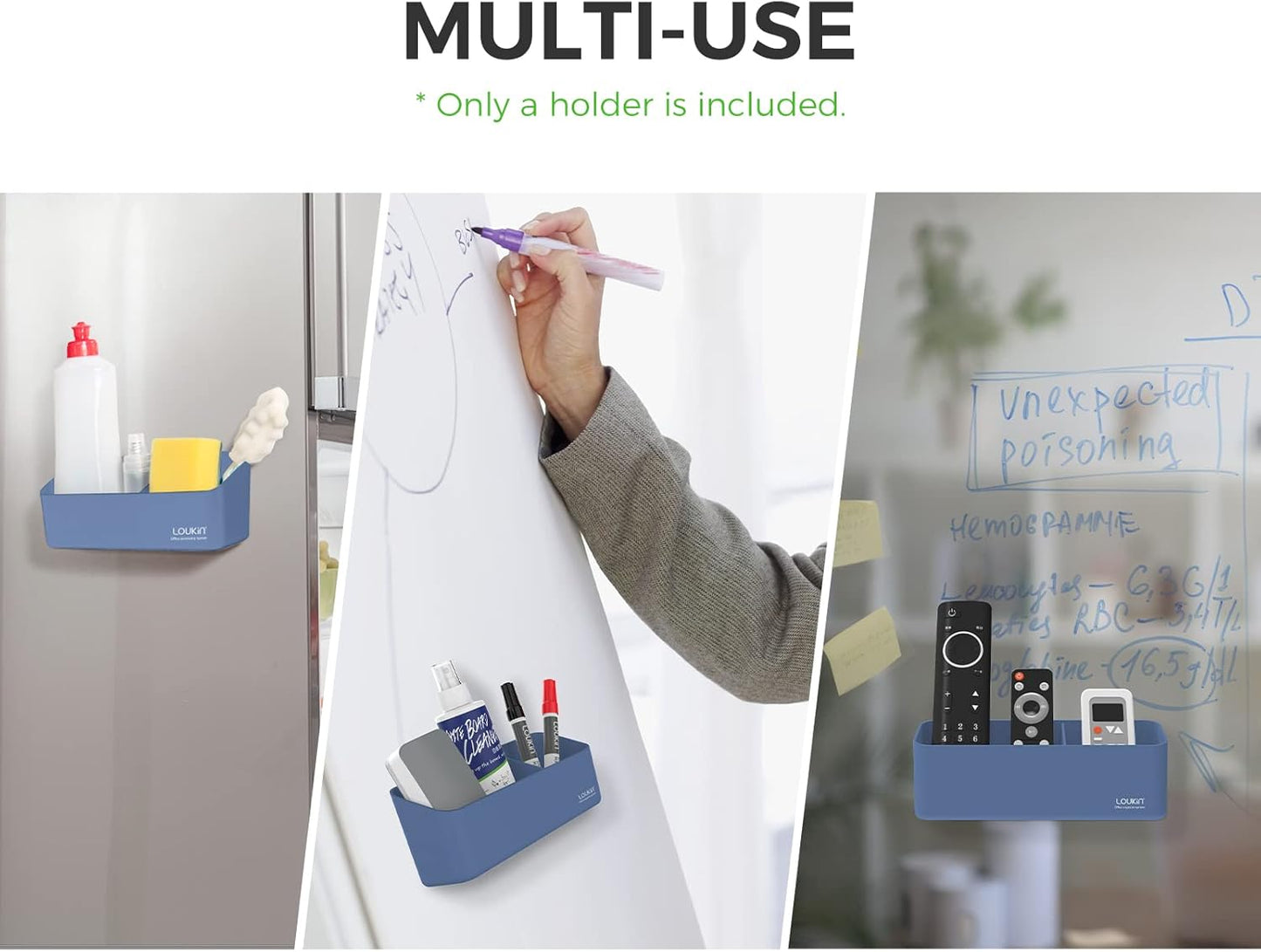 loukin Magnetic and Adhesive Marker Holder, Dry Erase Accessory Tray, Magnetic Storage Organizer for Whiteboard, Glass or Refrigerators (Blue)