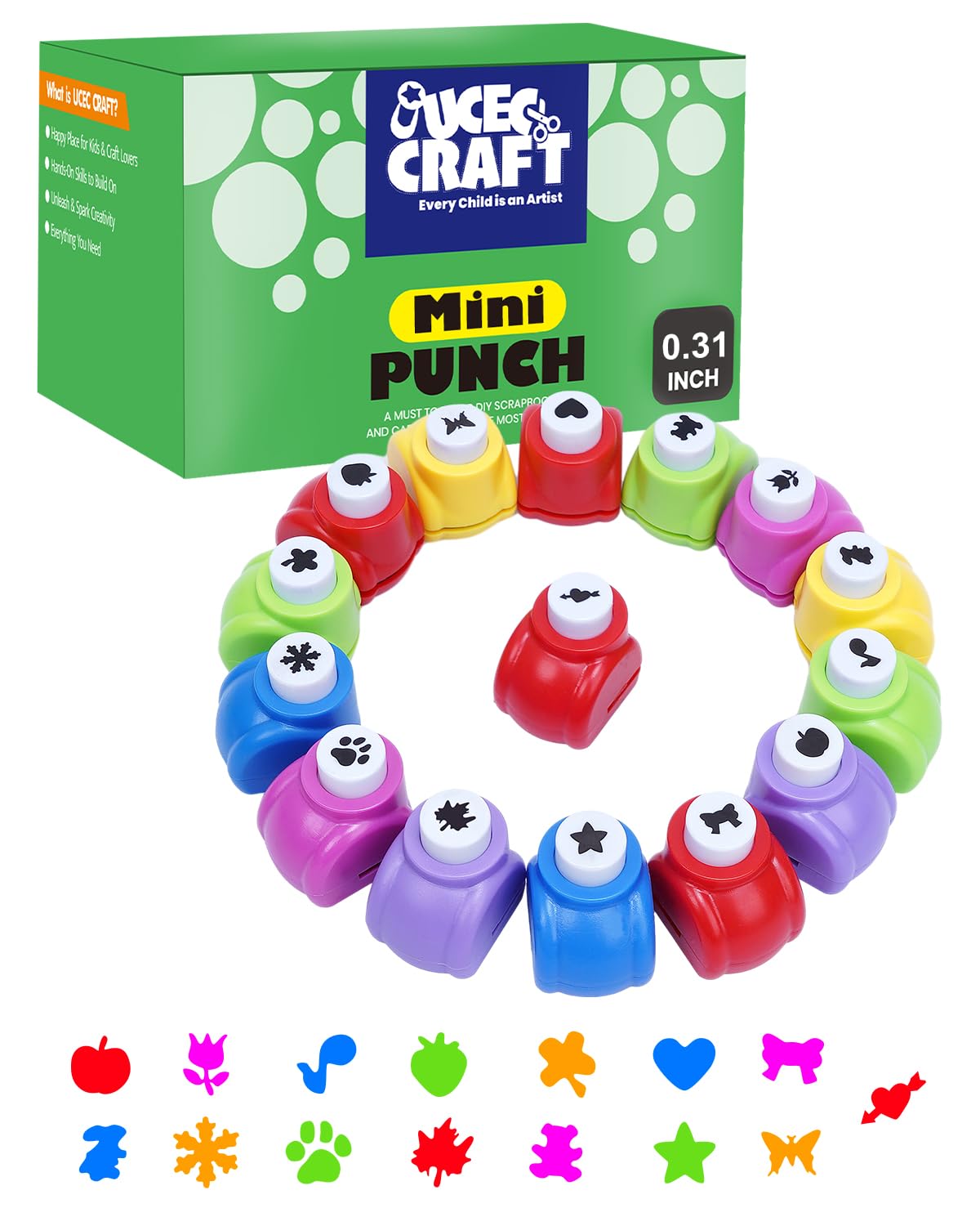 UCEC 15PCS Craft Shape Hole Punch Shapes, Kids Paper Punches for Crafting Nail Art Thanksgiving Christmas Scrapbooking, Mini Hole Puncher Maple Leaf Heart Star Snowflake Strawberry Paw Print Shape