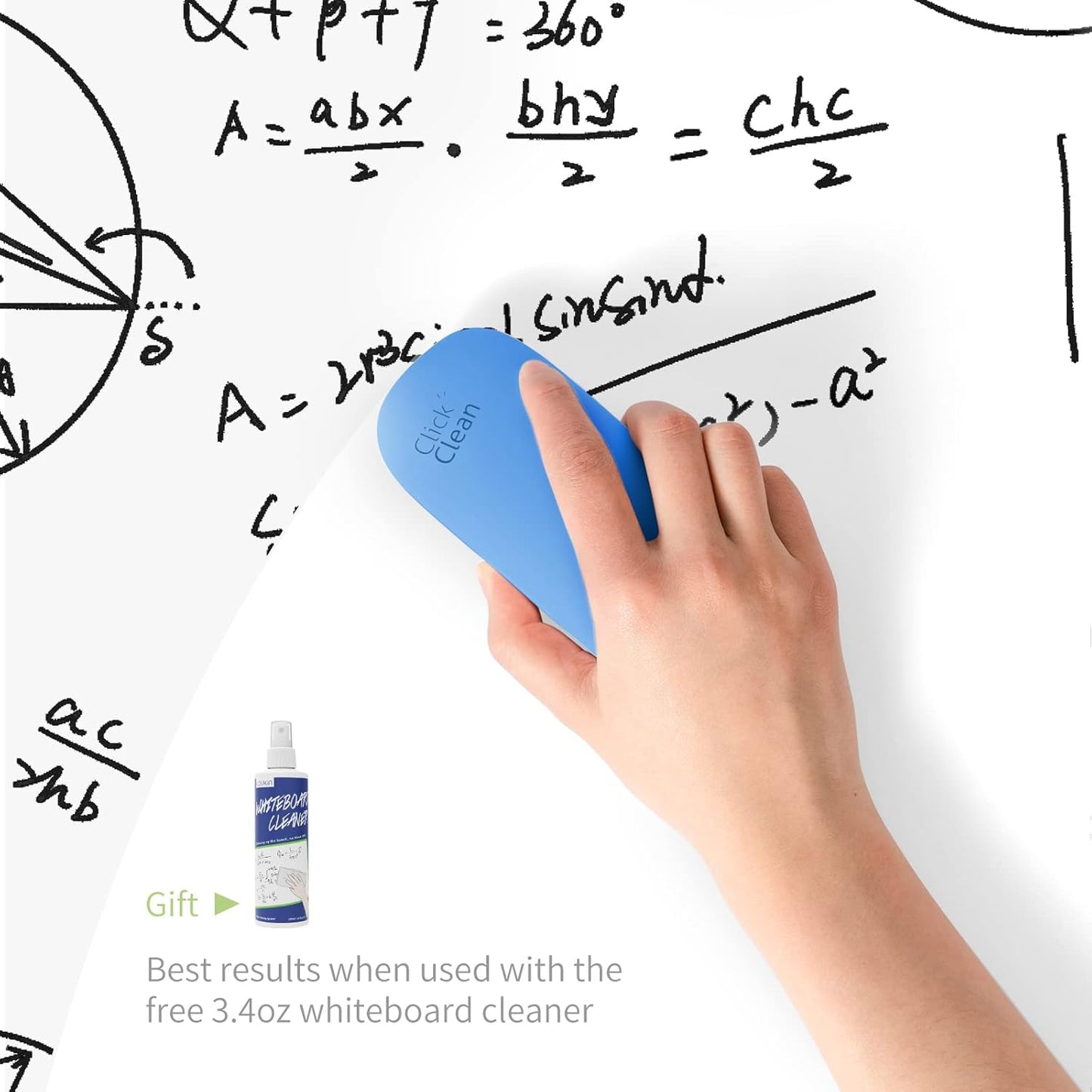 CLICK CLEAN Replaceable Dry Erase Board Eraser, 4-in-1 Magnetic Whiteboard Eraser with 3 Replaceable Felt Pads, Free 3.4oz Whiteboard Cleaner Included, Intended for Classroom, Home and Office