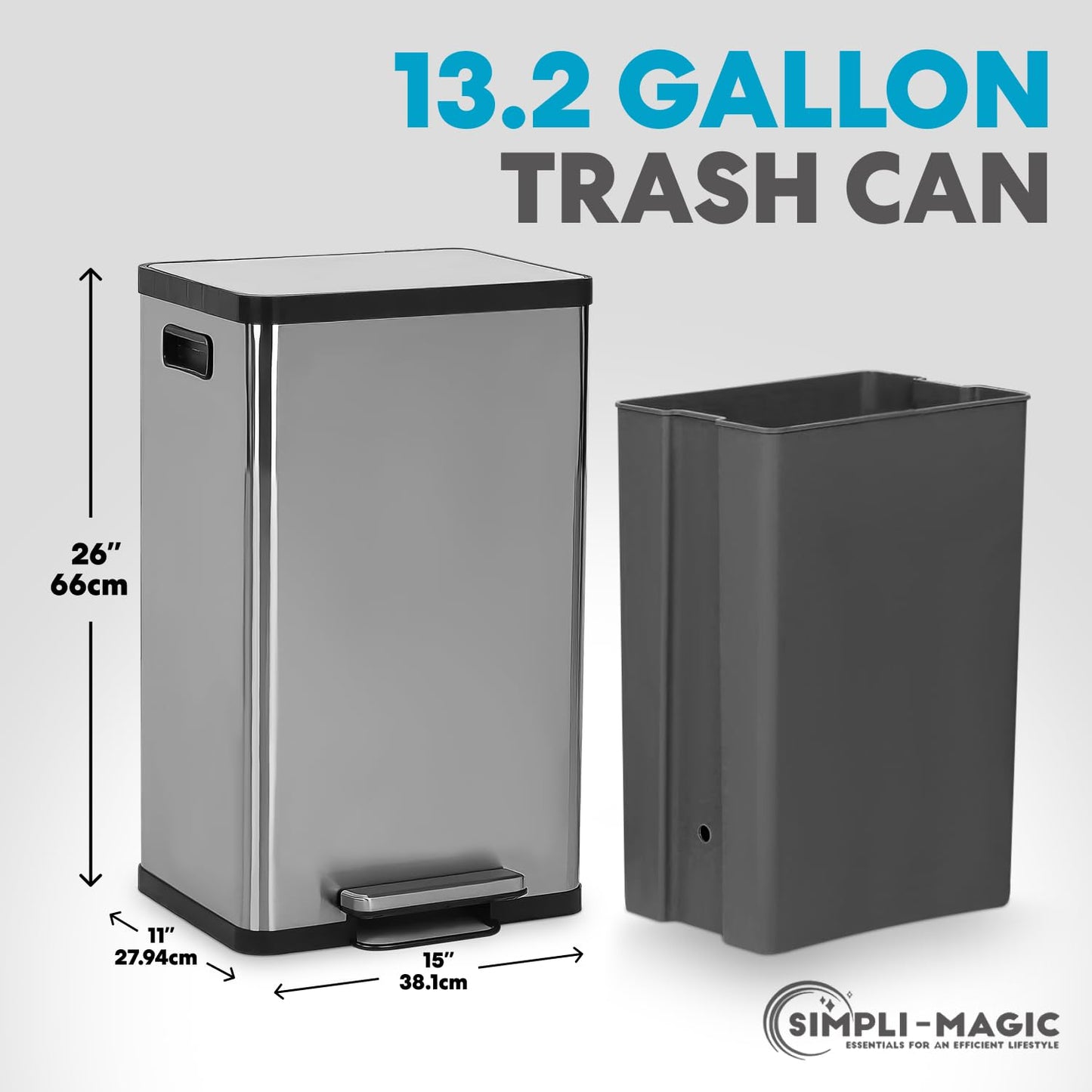 SIMPLI-MAGIC 50 Liter / 13.2 Gallon Soft-Close, Smudge Resistant Trash Can with Foot Pedal and Built in Filter- Stainless Steel, Sleek Finish