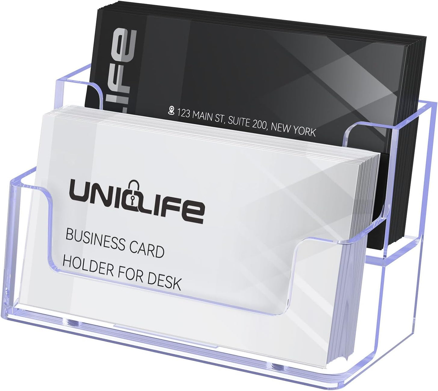 Uniclife Acrylic Business Card Holder for Desk 2 Slots Clear Business Card Display Stand for Men & Women Desktop Business Card Organizer Card Stand for Office Home Exhibition, 120 Card Capacity