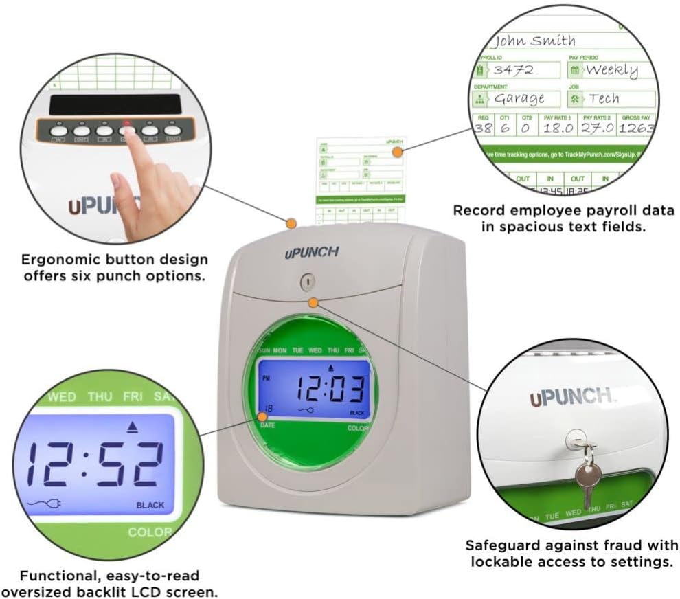 uPunch HN1500 Starter Time Clock Bundle for Small Business: Employee Punch Clock System with 100 Time Cards, Card Rack, and Ribbon