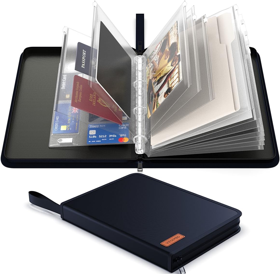 Important Document Organizer Zipper Binder,Fireproof Document Bag for Birth Certificate Protector, Waterproof Bill Organizer in Case I Go Missing Binder for Home Safe, 4 Ring Receipt Holder(Blue)