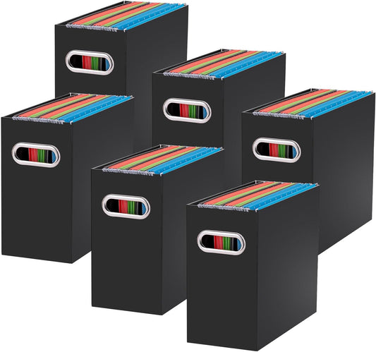 Oterri File Organizer, 6 Packs Small Storage Box, Cardboard File Folder Organizer, Collapsible File Box for Hanging File Folders Letter Size, Portable Filing Organizer with Handle（Black）
