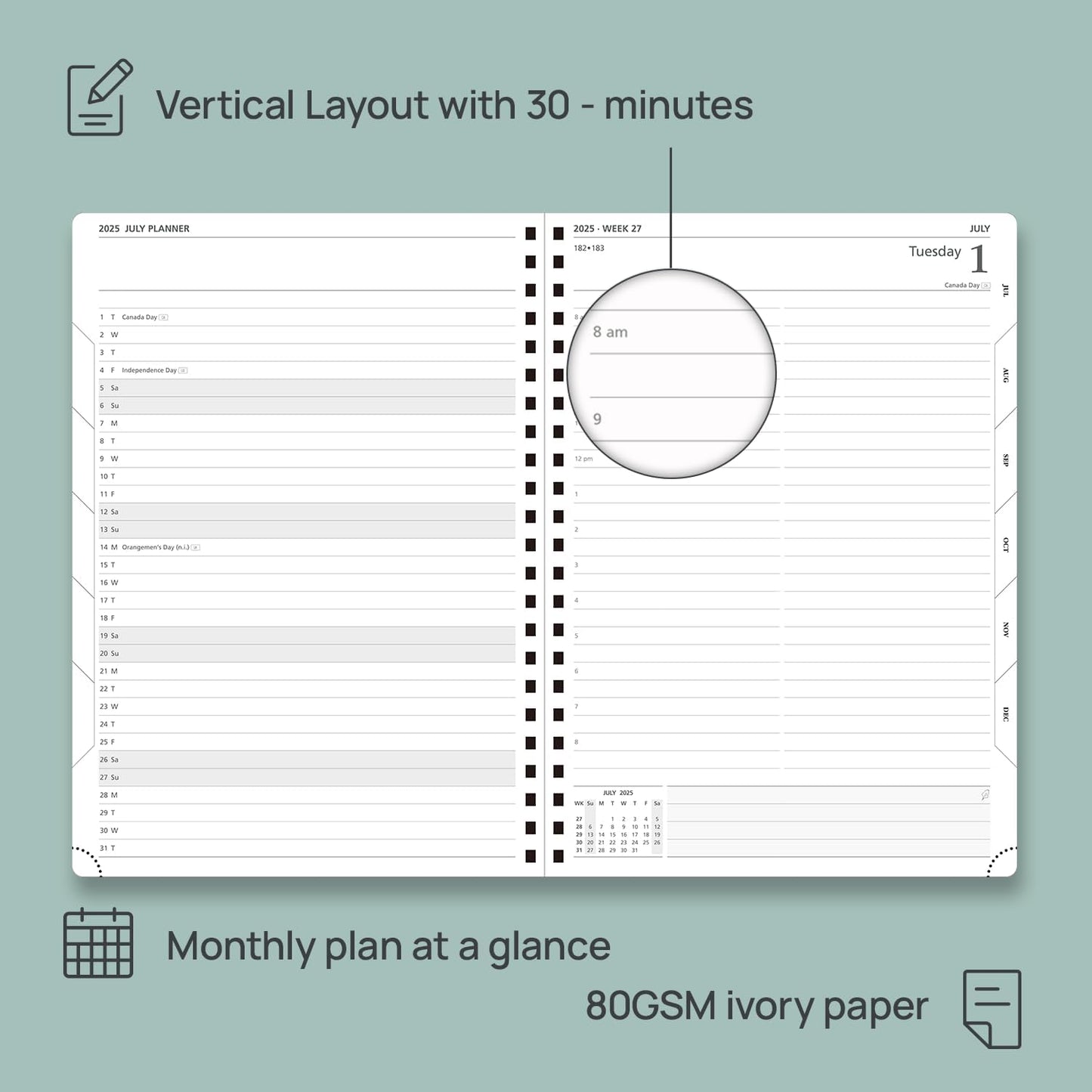 POPRUN Academic Daily Planner 2025-2026 One Page A Day - [A4 Large Size 8.25" x 12" - Spiral Hard Cover], Appointment Book (July 2025 - June 2026) with Monthly Calendar - Black
