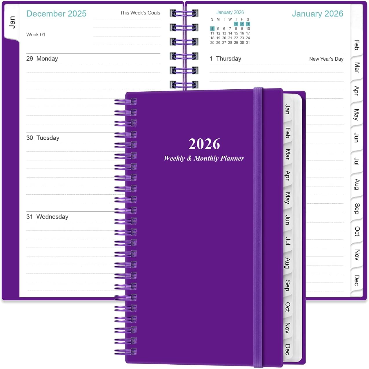 2025-2026 Pocket Planner/Calendar - 2025-2026 Planner from July 2025 - June 2026, Planner 2025-26 with 12 Tabs, Twin-Wire Binding, Inner Pocket, 3.75" x 6.75, Purple