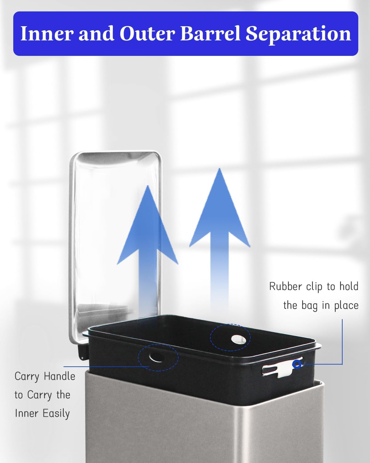 12 Gallon Slim Kitchen Trash Can, Stainless Steel Trash Can with Removal Inner Bucket and Soft-Close Lid, Pedal Garbage Can 45 Liter, Grey