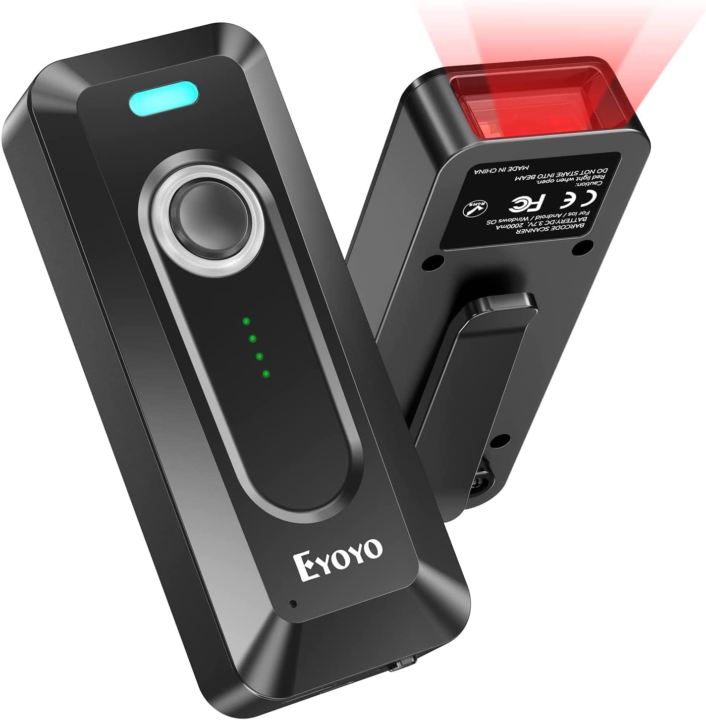 Eyoyo 2D Bluetooth Barcode Scanner Wireless with Clip, 2000mAh Battery with Level Indicator, Portable Mini QR Bar Code Reader for Library Book Inventory Compatible with iPhone, iPad, Android Phone