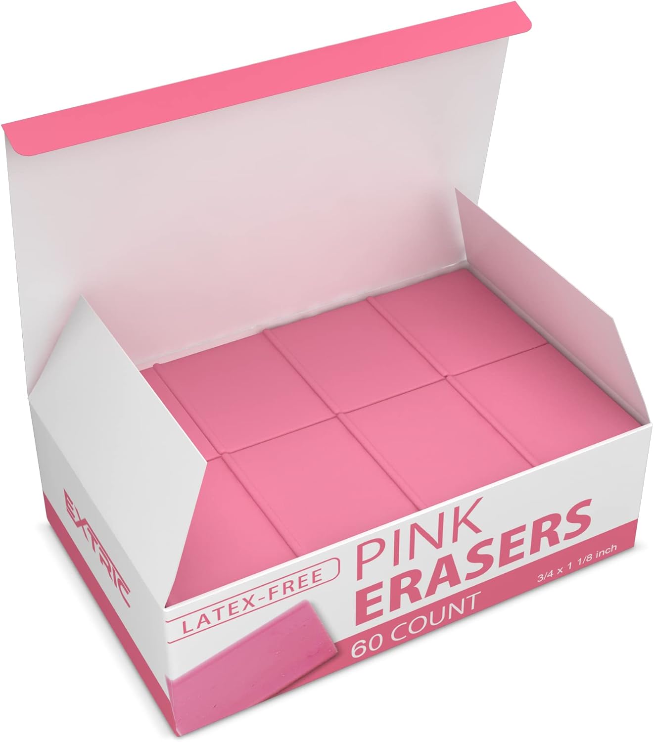 Pink Erasers – Square Eraser, Erasers for Kids, Rubber Eraser, 60 Count, Erasers Bulk for School Supplies, Art, and Office Use