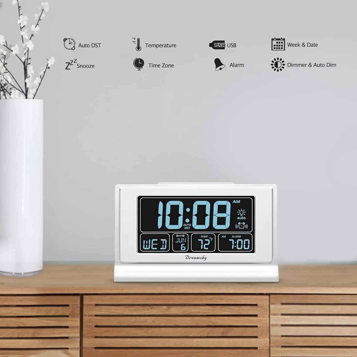 DreamSky Alarm Clocks for Bedrooms with Battery Backup, Auto Set Digital Clock with Date and Day of Week, 5 Inch Large Display with Weekday Temperature, USB Ports, Auto DST, Brightness Dimmer, 12/24H