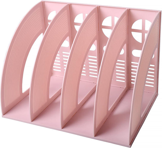 SAYEEC Magazine File Holder Folder Storage Desktop 4 Compartment Standing Hollow Pink Files Bookshelf Organizer Office Racks Displays Holds Notebooks Documents for School Working Students