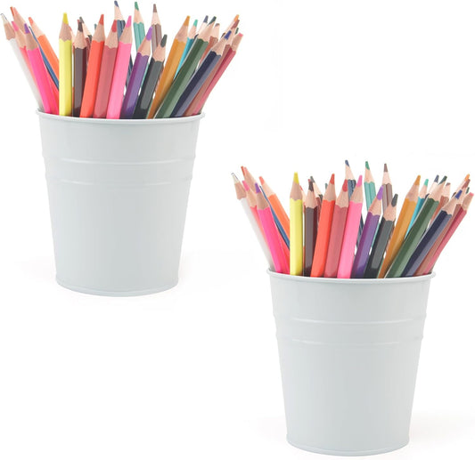 Pen Holder Cup For Desk Pencil Holder Metal Marker Pen Organizer Storage Small Tinplate Flower Pot Succulent Bucket Planters for Office Home - 2 Pack (White)
