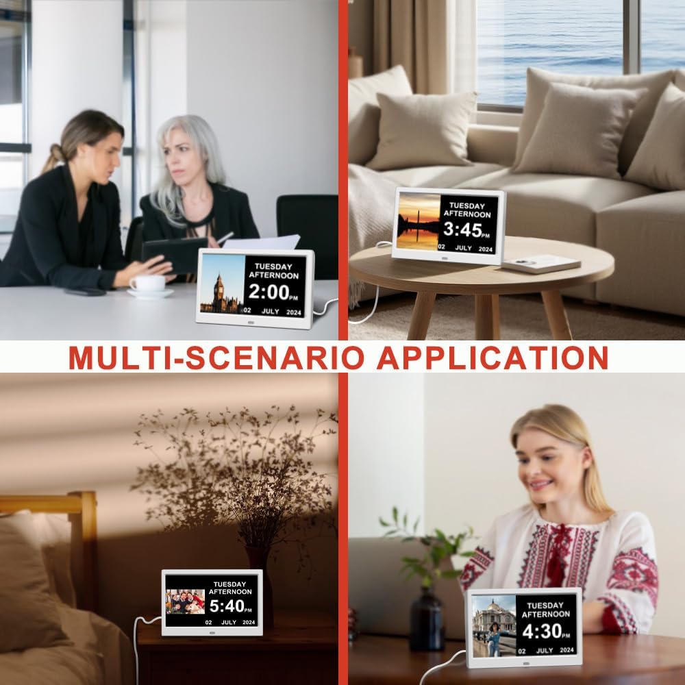 Alarm Clock with Day and Date for Elderly Digital Calendar Clock Photo Frame- Auto Dimmable Display 15 Alarm Options (10inch White)