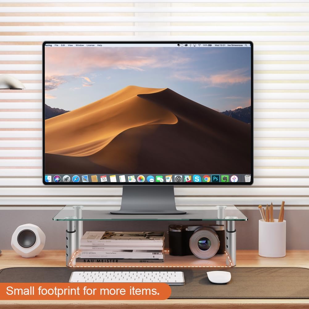 KKTONER GLASS Monitor Stand with Height Adjustable for Home Office 2 Pack Computer Monitor Riser PC Screen Riser for Desk Organzier Laptop