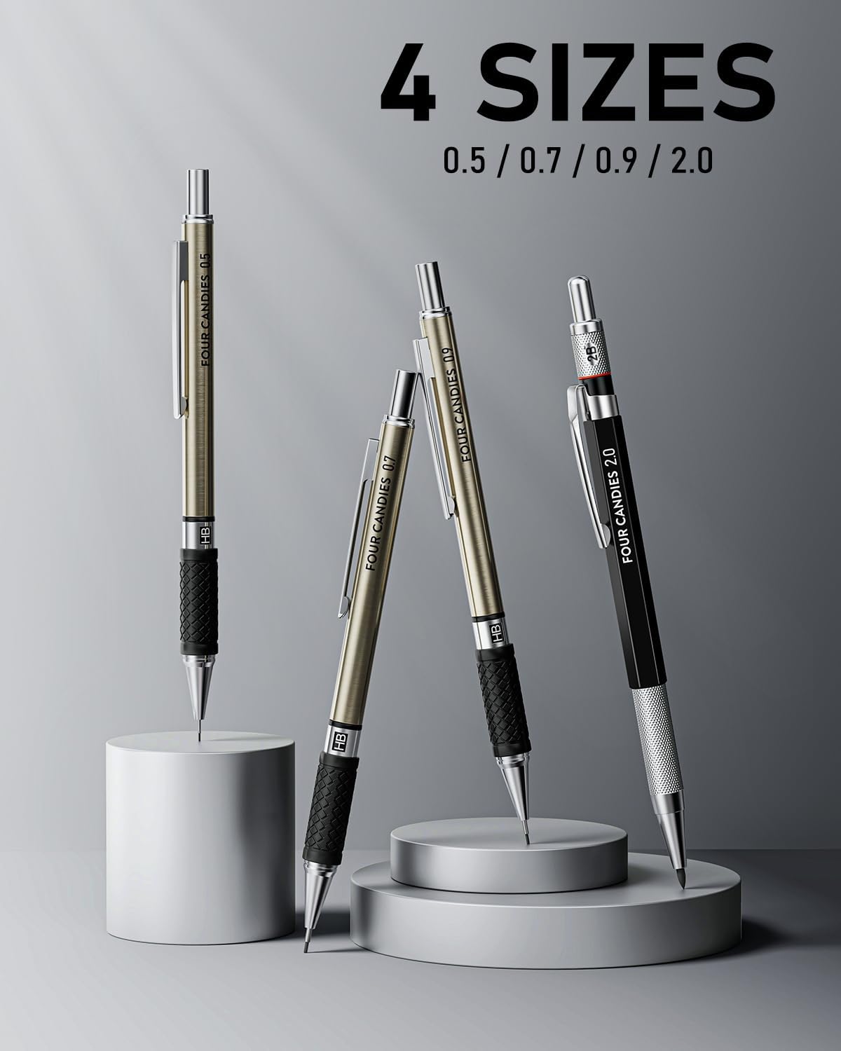 Four Candies 25PCS Art Mechanical Pencil Set with Case, 3PCS Metal Artist Lead Pencil 0.5, 0.7, 0.9 mm & 3PCS 2mm Holder (HB 2H 2B 4B Color) with 432PCS Graphite Lead Refills for Drawing Sketching