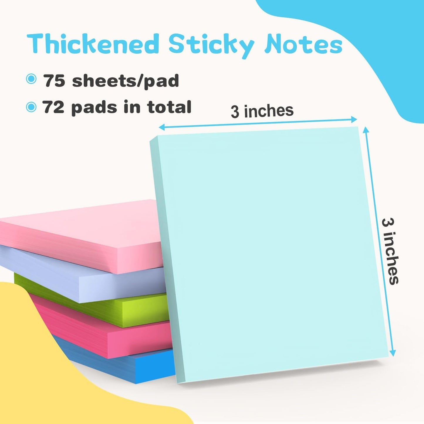 Sticky Notes 3x3 Inch Bulk 72 Pads - 12 Assorted Color Self-Stick Memo Pads for Students, Office, Home Organization Easy to Post for Planners, Fridge, Laptops (5400 Total Sheets)