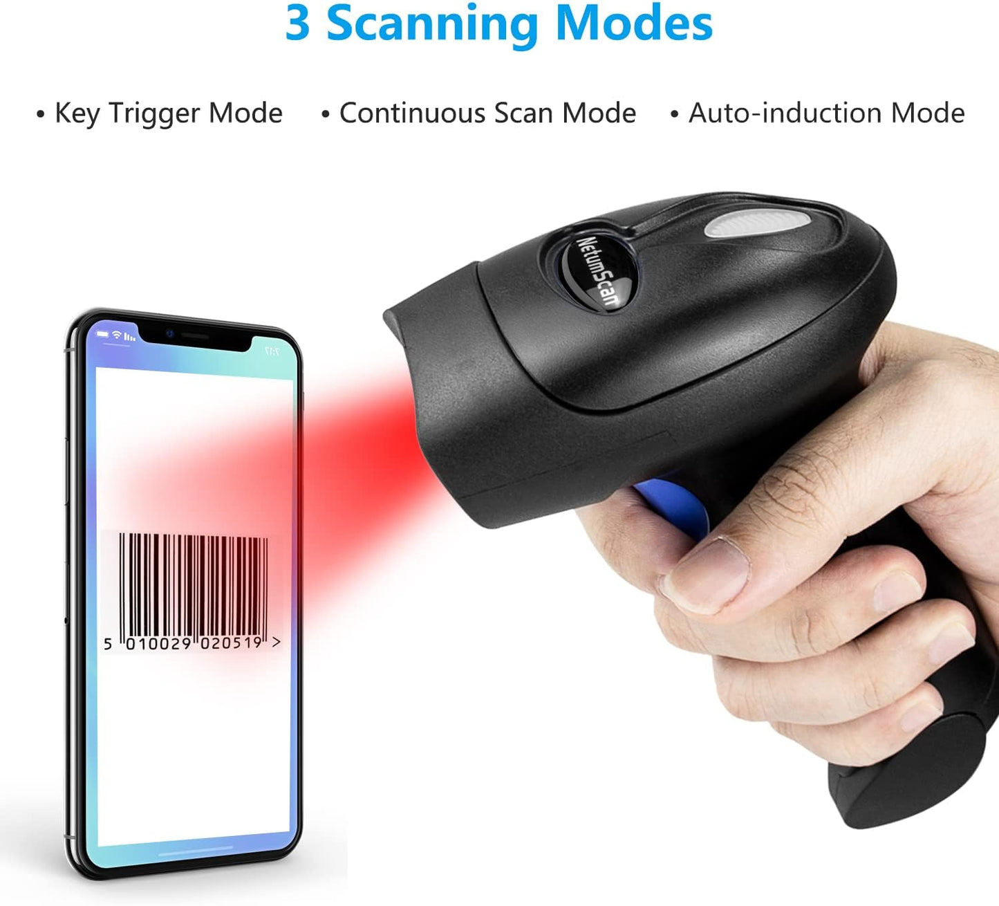 NetumScan Bluetooth 1D Bar Code Scanner, 3 in 1 Automatic Wireless Barcode Scanner Handheld USB CCD Barcode Reader for Store, Warehouse POS, Computer, Tablet, iPhone, iPad, Android