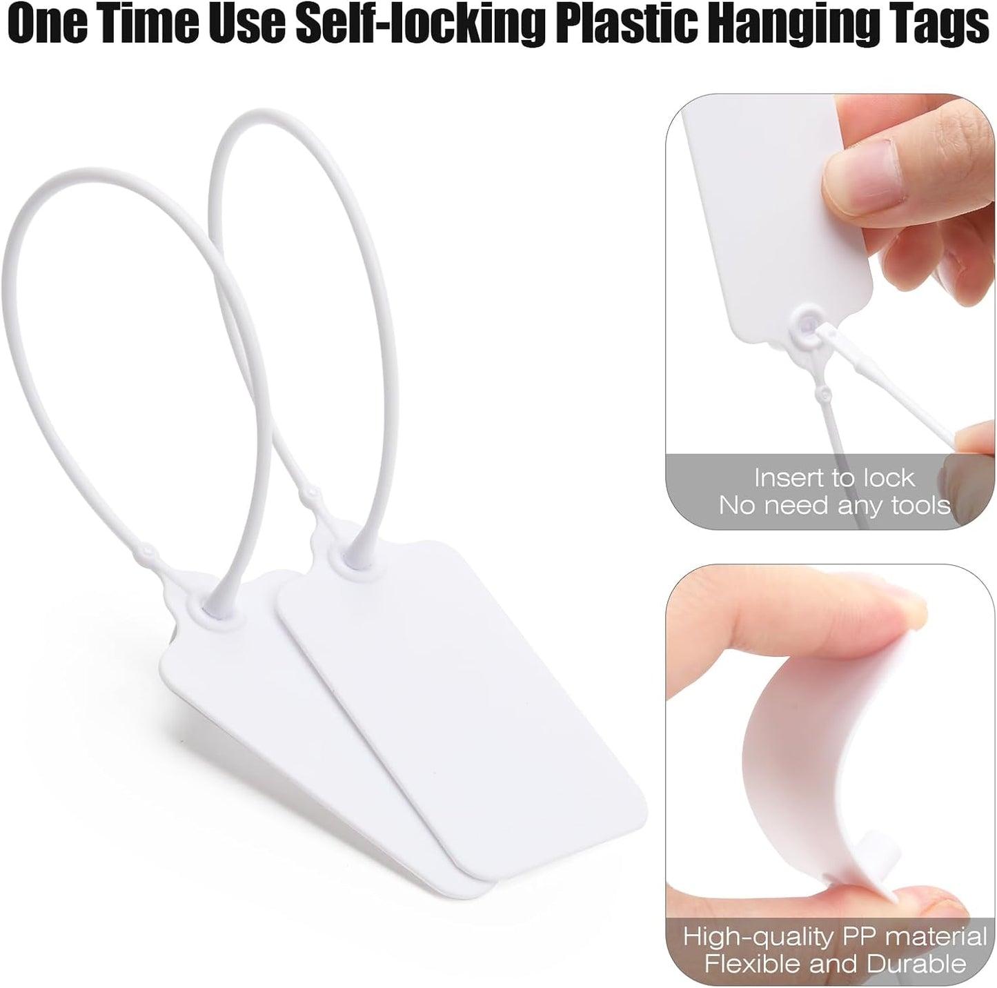 50 White Blank Plastic Tags for Labeling Waterproof Hanging Labels Writable Tags Seal Plastic Marking Label for Clothes Bags Keys Inventory with One Marker Pen