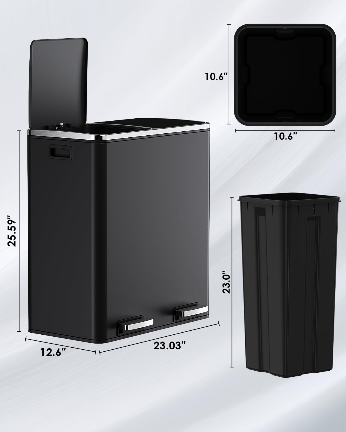 Arlopu 16 GallonStainless Steel Trash Can, 60L Dual Compartment, Metal Kitchen Step Recycle Bin, Metal Double Dustbin, in-Home Garbage Rubbish Can W/Removable Liner Buckets (Black)