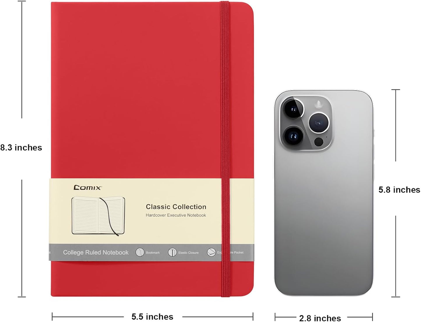 Comix 6 Pack Lined Journal Notebooks for Work, 240 Pages, 5.5"x8.3", Red, Hardcover, A5 Medium College Ruled, Journaling Notebooks for Notes-taking, Fits for Office School Home